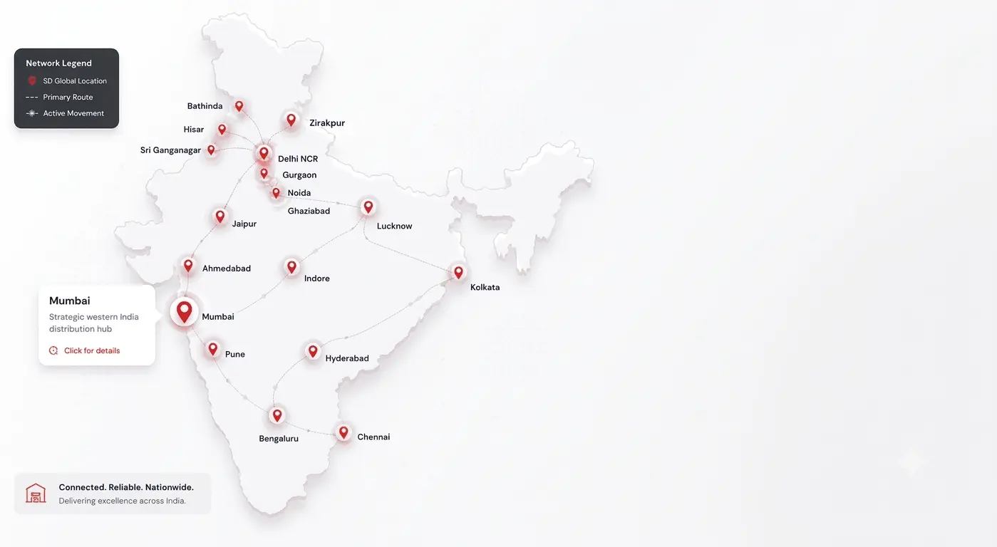 India map showing SD Global Logistics' connected network locations